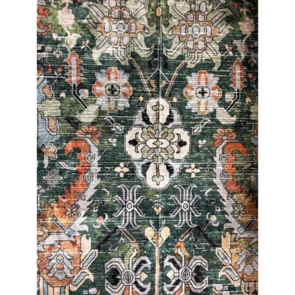 New 5x7 Green Washable Area Rug, Non-Slip Vintage Tribal Carpet for Any Room